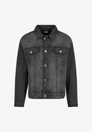 Giacca di jeans nera con una finitura sbiadita, dotata di colletto, maniche lunghe e chiusure frontali e tasche in metallo.