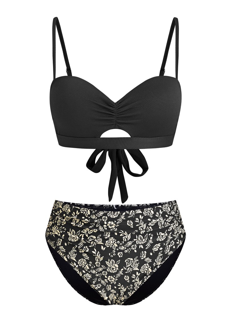 Schwarzes Bikini-Set mit texturiertem Oberteil, das eine Frontaussparung und eine Schleife aufweist, kombiniert mit hochgeschnittenen Hosen mit floralem Druck in Schwarz und Creme.