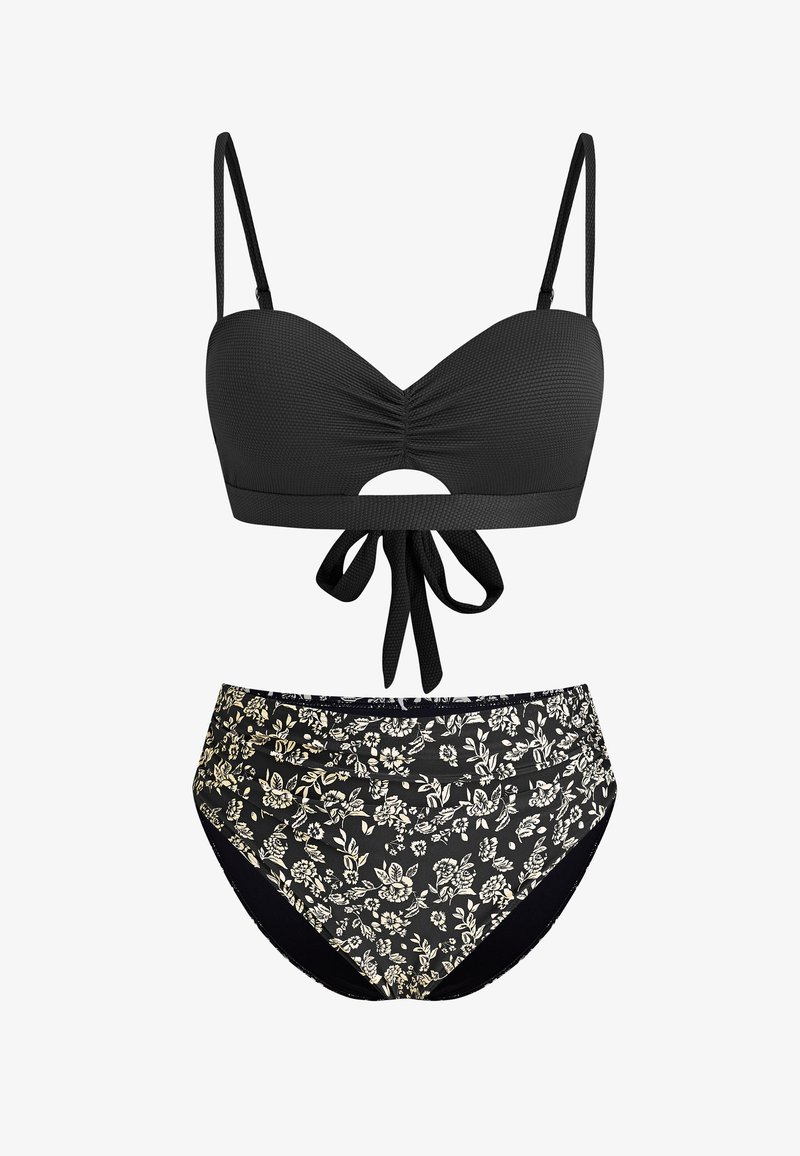 Schwarzes Bikini-Set mit texturiertem Oberteil, das eine Frontaussparung und eine Schleife aufweist, kombiniert mit hochgeschnittenen Hosen mit floralem Druck in Schwarz und Creme.