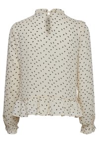 Blusa a maniche lunghe color crema con orlo arricciato, caratterizzata da un motivo astratto nero, apertura a chiave sul retro e tessuto testurizzato.