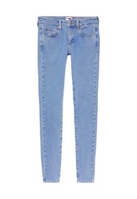 Jeans de mezclilla azul claro con corte ajustado. Presenta cinco bolsillos, cierre de botón al frente y detalles de costura sutiles. Textura suave.
