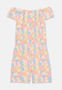 Off-shoulder playsuit laget av lett stoff, med et flerfarget blomster- og leopardprint i pastellfarger, og med elastisk midje.