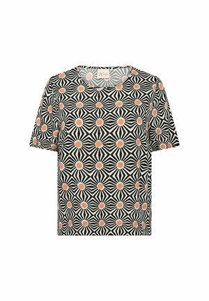 Schwarzes T-Shirt mit kurzen Ärmeln und einem geometrischen Muster, das orangefarbene Punkte zeigt. Hergestellt aus glattem Stoff mit einem Rundhalsausschnitt.
