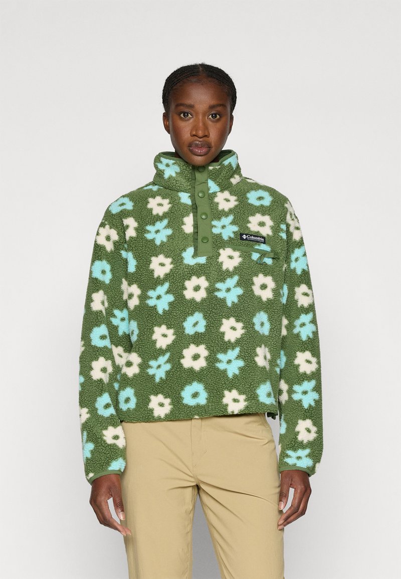 Pullover in felpa con base verde e motivo floreale in bianco e azzurro chiaro, colletto alto e chiusura con bottoni. Logo del brand sul davanti.