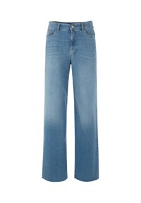 Wide-leg jeans in light blue denim. Features include a high waist, standard pockets, a button closure, and raw hem at the ankles.