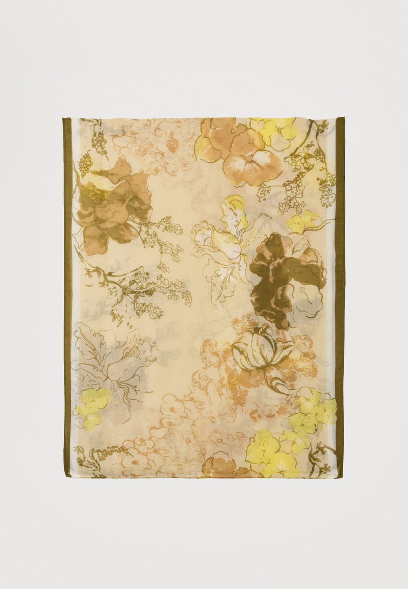 Écharpe rectangulaire transparente avec motifs floraux jaunes, bruns et beiges et une bordure vert olive sur un fond clair.