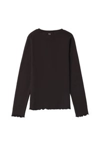 Zwarte longsleeve shirt van zacht materiaal; licht gegolfde zoom en halslijn; eenvoudige uitstraling zonder zichtbare patronen of hardware.