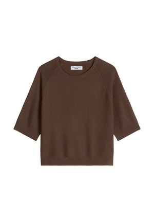 Pull marron à manches courtes en maille, col rond et poignets côtelés, étiqueté Marc O’Polo Denim, posé à plat sur fond blanc.