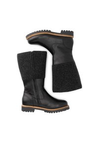 Zwarte laarzen tot halverwege de kuit met bovenstuk van woltextuur, leren onderste deel, zijrits en dikke rubberen profielzolen met bruine afwerking.