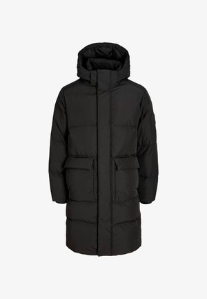 Black puffer coat, knee-length, featuring a high collar, two front pockets, and a quilted design for insulation. Smooth, matte texture.