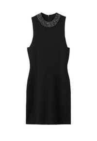 Vestido negro sin mangas con un escote redondo adornado con cuentas y una silueta ajustada. Confeccionado en una tela suave y texturizada con cierre de cremallera en la parte posterior.