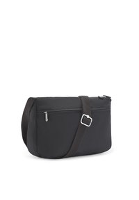 Schwarze Stoff-Crossbody-Tasche mit einem Reißverschluss-Hauptfach, verstellbarem braunem Riemen und silbernen Hardware-Details am Reißverschluss.
