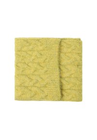 Fascetta lavorata a maglia in morbida lana gialla testurizzata, con un motivo a treccia e una sezione liscia al centro. Forma rettangolare, materiale caldo.