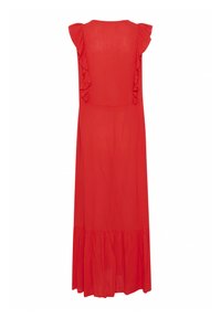 Red maxi dress with a tiered ruffled hem and cap sleeves. Made from lightweight fabric, featuring a simple, flowing silhouette.