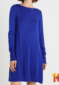 Frau, die ein langärmliges, knielanges, königsblaues Strickkleid mit Knöpfen an den Schulterähnen trägt und vor einem schlichten hellen Hintergrund steht.