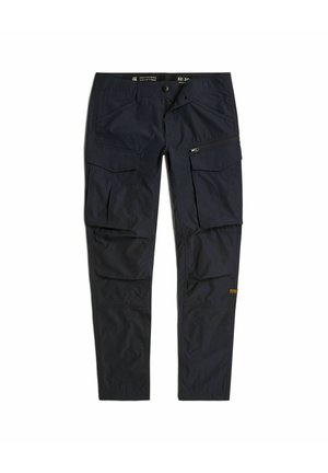 Ciemnoniebieskie spodnie cargo wykonane z trwałej tkaniny, z wieloma kieszeniami, suwakiem w kieszeni bocznej i wzmocnionymi szwami.