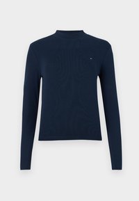 Maglione a maniche lunghe blu navy con colletto a dolcevita, texture a coste, caratterizzato da un piccolo logo sul petto, con un design aderente e scollatura rotonda.