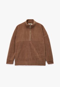 Brun fleecepullover med høj krave, halvlynlås og en struktureret overflade. Har en farveblokeret design og lange ærmer.