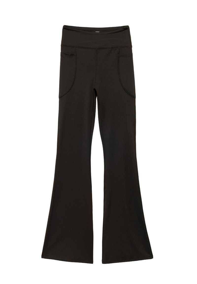Zwarte omflair leggings van rekbaar materiaal, met een brede tailleband en twee voorzakken met gebogen naden. Gladde textuur.