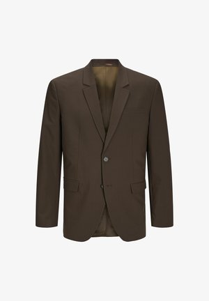 Hnědý blejzr s klopovým límcem, jednobarevný design, dvě přední kapsy a dva knoflíky. Hladká tkanina s mírným leskem.