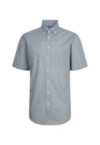 Koszula z krótkim rękawem, zapinana na guziki, w granatowo-białą kratę w stylu gingham, wykonana z lekkiego materiału, z klasycznym kołnierzykiem i prostym dołem.