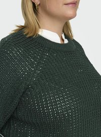 Pulover tricotat de culoare verde închis, cu un design texturat și o țesătură deschisă, având guler cu nervuri. Prezintă o croială relaxată și mâneci raglan.