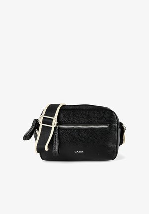 Sac bandoulière noir texturé avec fermeture éclair argentée et sangle rayée noire et blanche ajustable, logo Gabor sur le devant.
