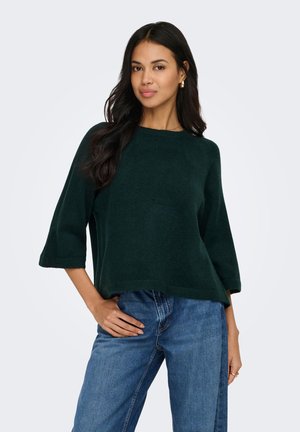 Femme aux longs cheveux foncés portant un pull vert foncé et un jean bleu, posant avec une main sur la hanche devant un fond uni.