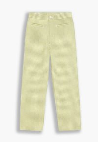 Pantalon à carreaux vichy vert clair avec une coupe droite, deux poches arrière et une fermeture bouton à la taille. Texture en mélange de coton.