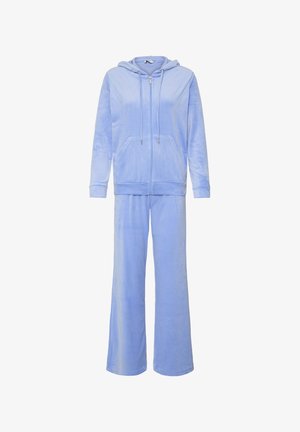 Ljusblå velourt tracksuit med en zip-up hoodie med dragsko och matchande vida byxor med elastisk midja.
