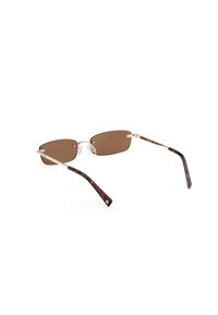 Occhiali da sole con tonalità marrone, design delle lenti ovale, montatura metallica sottile e bracci con motivo tartaruga e dettaglio dorato.