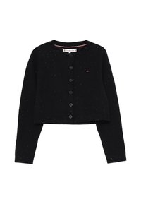 Cardigan nero corto con maniche lunghe, realizzato in tessuto a maglia. Presenta un colletto rotondo, chiusura con bottoni e macchie bianche sparse.