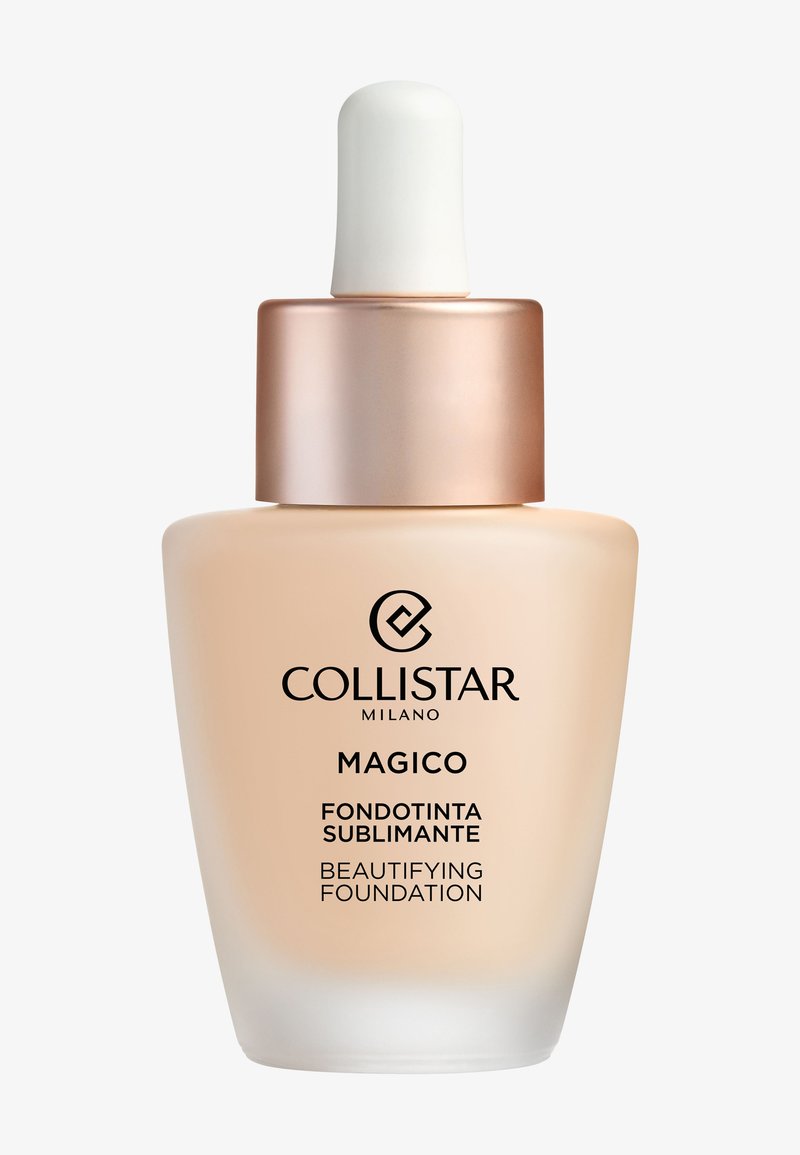 Fond de teint Magico Beautifying de Collistar dans un flacon en verre transparent avec finition givrée, un bouchon doré et un compte-gouttes.