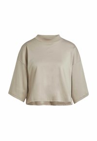 Sudadera recortada beige hecha de suave algodón. Cuenta con mangas cortas, un cuello alzado y un logo sutil en relieve en la parte delantera.