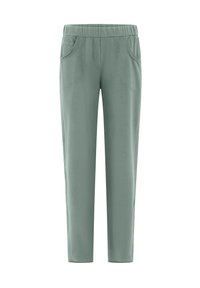 Pantalones de tiro elástico en verde claro con pierna ligeramente ajustada, que presentan dos bolsillos frontales y una textura de tejido suave y liso.