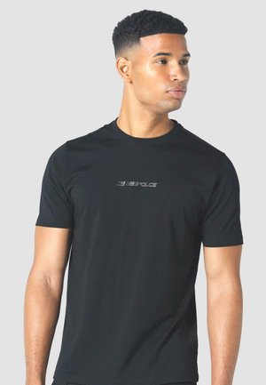 Black short-sleeve t-shirt made of cotton. Features a small logo in silver on the chest. Crew neck design, smooth texture.