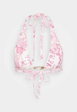 Bikinitop van witte stof met roze koraal- en zeesterpatronen, met een halterhalsontwerp en striksluitingen bij de nek en op de rug.