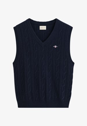 Marineblå ærmeløs sweater med V-hals, der har et kabelstrikket mønster og en ribbet kant. Lille broderet logo på brystet.