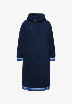 Mørkeblå fleecekjole med hætte, lange ærmer og stribede manchetter. Har en afslappet pasform og en blød, tekstureret overflade.