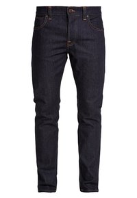 Mörkblå denimjeans med slim fit, med orange sömmar, femficksdesign, metallknapplås och dragkedja.