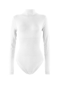 Vit långärmad bodysuit med hög hals, tillverkad av mjukt, stretchigt tyg. Har en figurnära design och inga synliga knäppningar.
