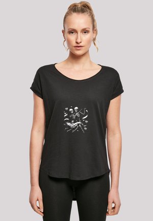 Black short-sleeve T-shirt made of soft fabric, featuring a graphic print of skeletons and a figure in monochrome against a black background.