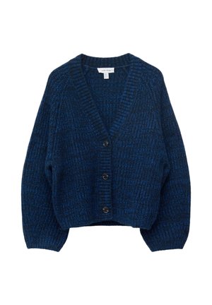 Dark blue knitted cardigan with three black buttons, V-neck, and long sleeves.