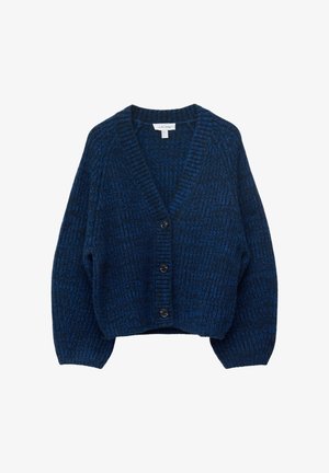 Dark blue knitted cardigan with three black buttons, V-neck, and long sleeves.