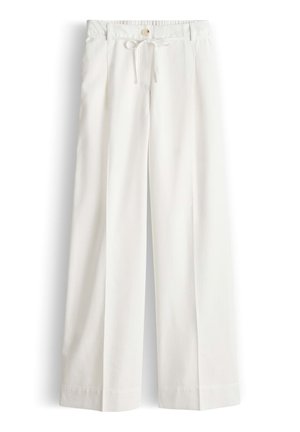 White high-waist wide-leg pants with front button, drawstring waist, and side pockets, displayed on a flat white background.