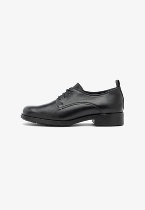 Czarne skórzane buty typu lace-up z zaokrąglonym noskiem, niskim obcasem, gładką fakturą i subtelnymi detalami przeszycia wzdłuż cholewki.