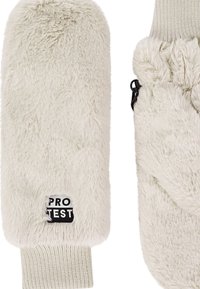 Faux-Fur-Handschuhe in Cremeweiß mit einem gerippten Strickbündchen, strukturierter Oberfläche und einem schwarzen "PRO TEST"-Label am Handgelenk.