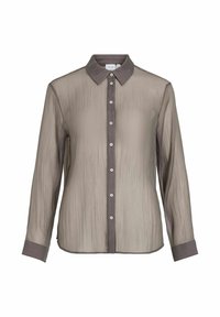 Langarmshirt in lichtgrijs doorzichtig materiaal met fijne verticale textuur. Voorzien van een kraag, knoopsluiting aan de voorkant, en donkergrijze manchetten en knooplijst.