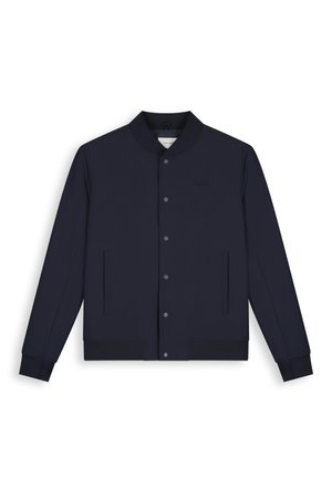 Herenbomberjack in marineblauw met drukkers, geribde kraag, manchetten en zoom, voorzien van twee frontale schuine zakken.