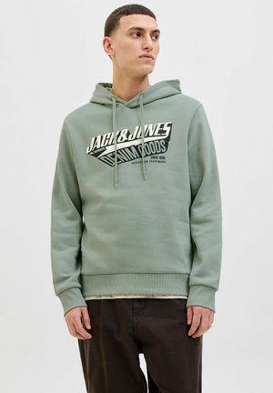 Mint green hooded sweatshirt made of soft fabric, featuring a bold black and white graphic print with text on the front. Classic fit.